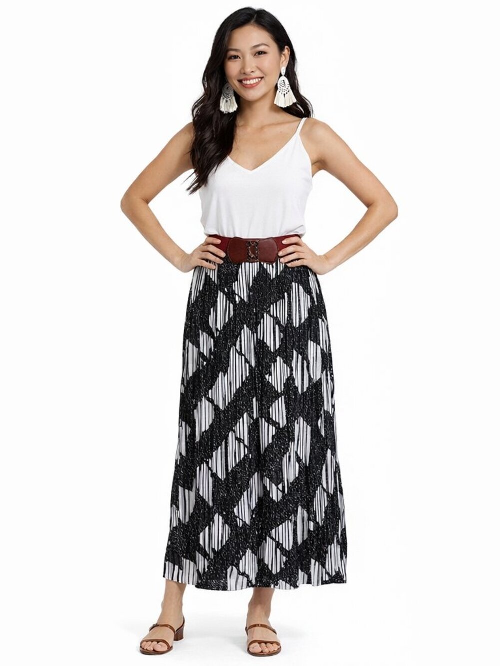 Jon & Anna  Geo Boho Retro Chic Pleated Crinkle Cinch Belt Maxi Skirt Lined S&M